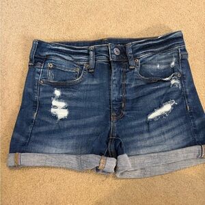 American Eagle Outfitters Blue Distressed Midi Jean Shorts